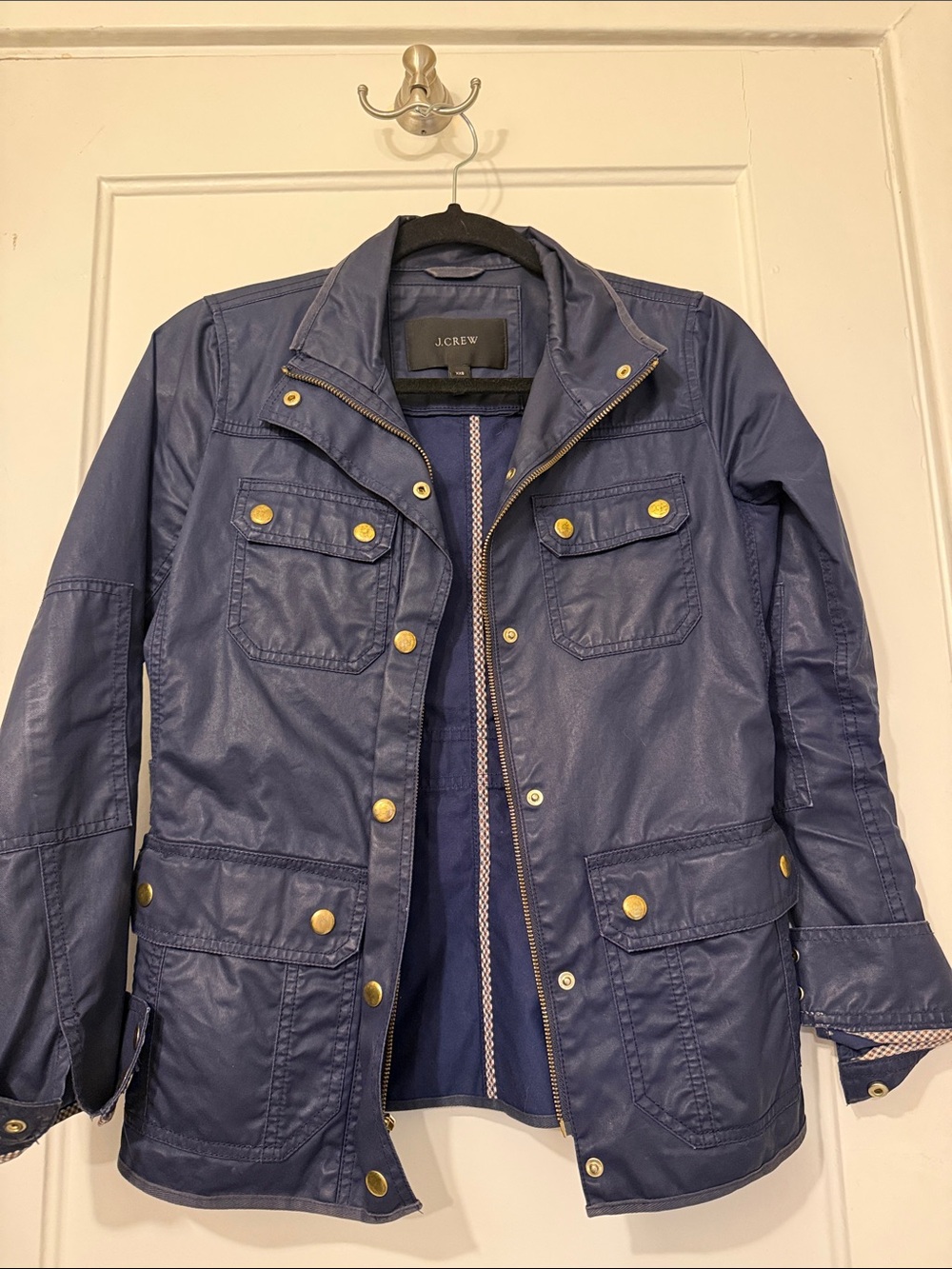 J. Crew Waxed Cotton Navy Field Jacket with Gold Buttons